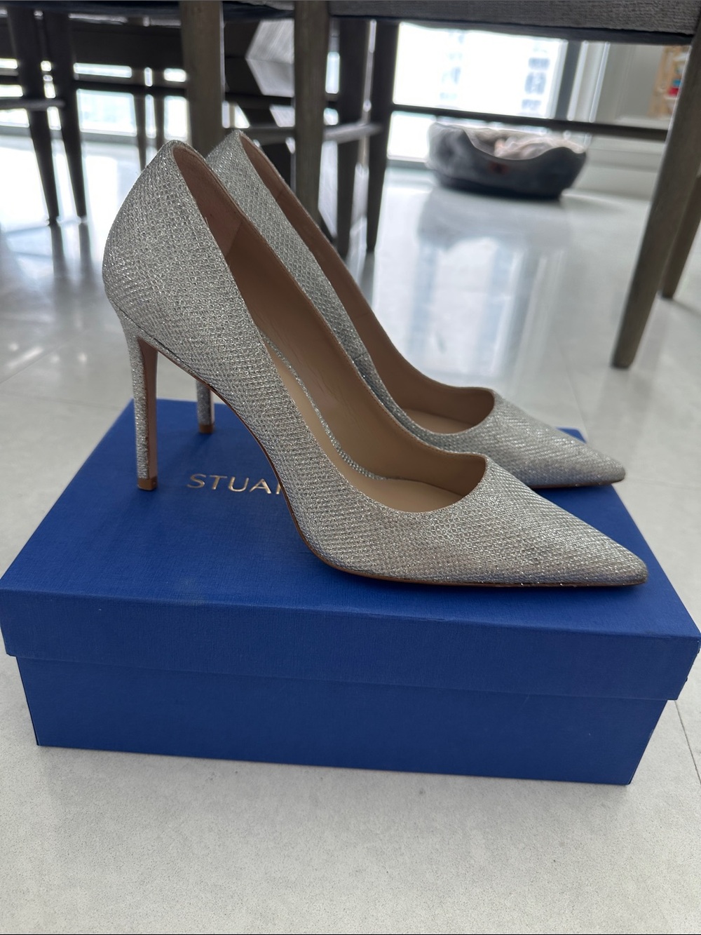 Stuart Weitzman Glitter Silver Pointed Toe Stiletto Pumps